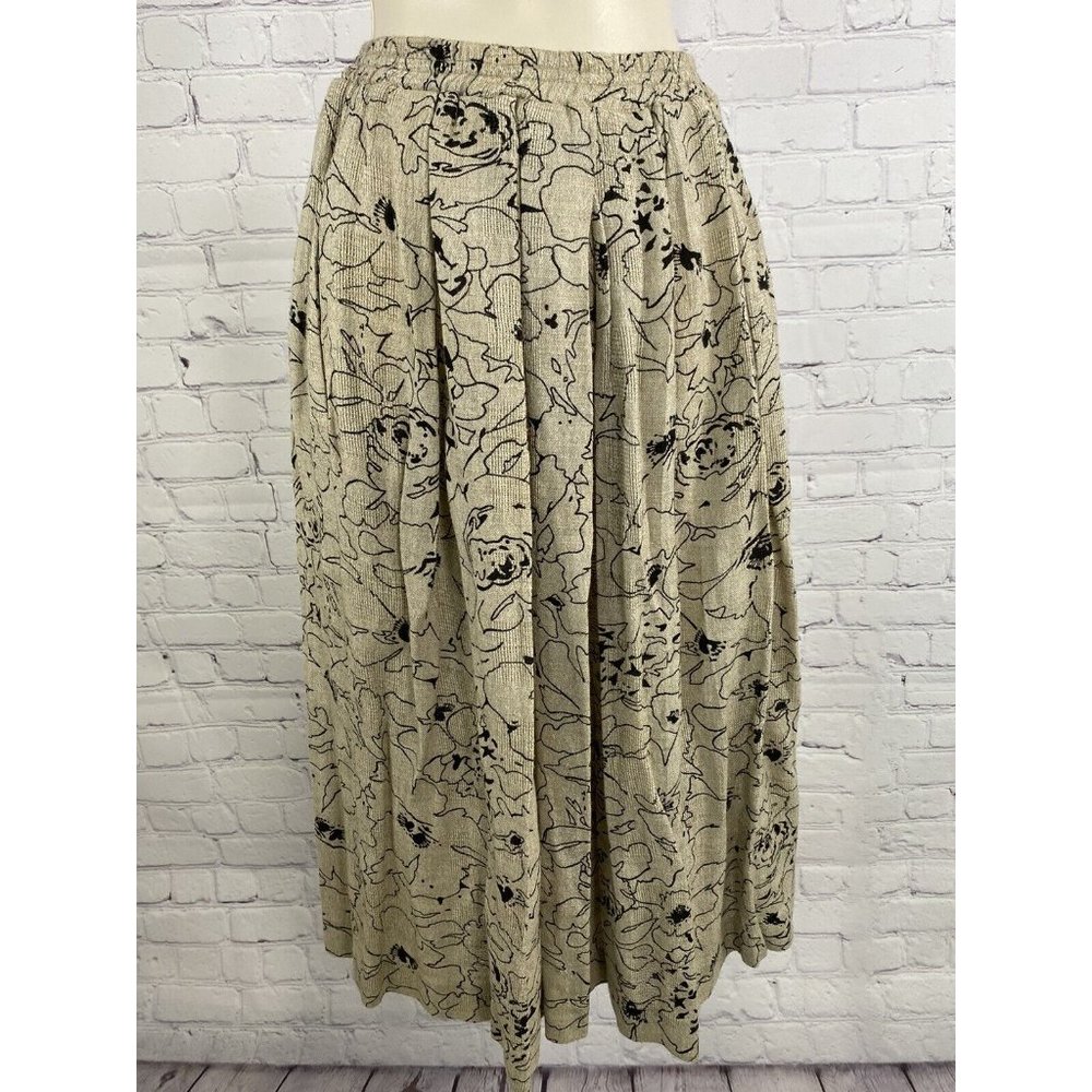 V Max Arthur Max Beige Black Pleated Elastic Waist Floral Midi Pull On Skirt P